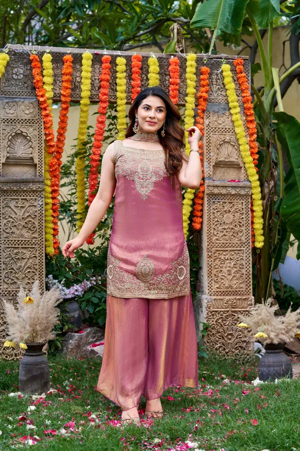 Peach_Satin_Sleeveless_Zari_Embroidered_Kurti_Sharara_Set_For_Women