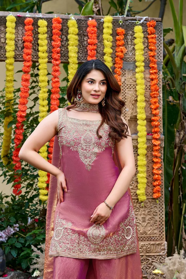 Peach_Satin_Sleeveless_Zari_Embroidered_Kurti_Sharara_Set_For_Women