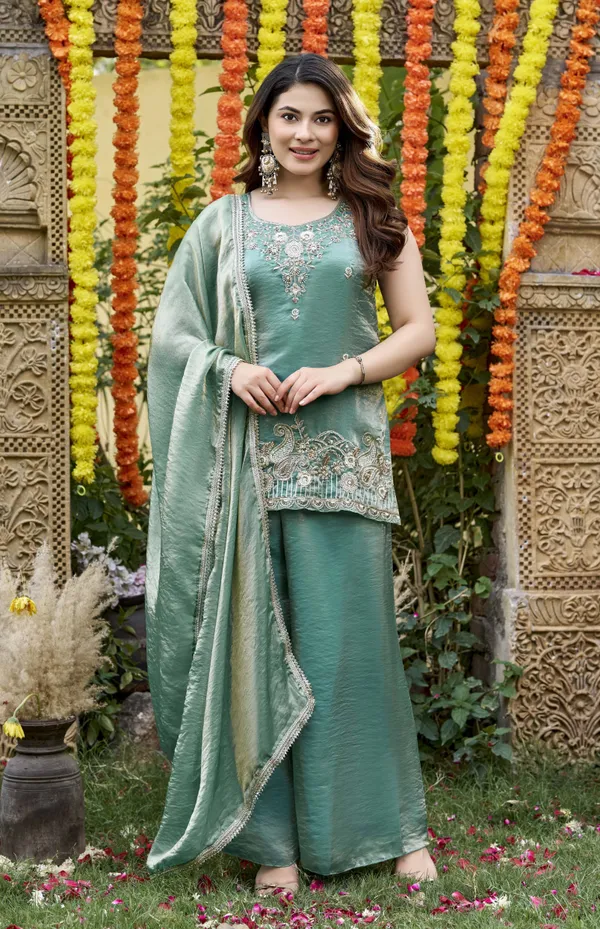 Green_Satin_Sleeveless_Bead_Embellished_Kurti_Palazzo_Set_For_Women