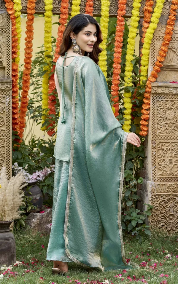 Green_Satin_Sleeveless_Bead_Embellished_Kurti_Palazzo_Set_For_Women