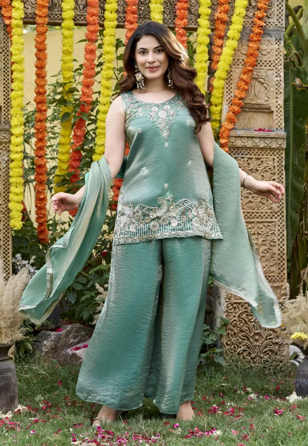Green_Satin_Sleeveless_Bead_Embellished_Kurti_Palazzo_Set_For_Women