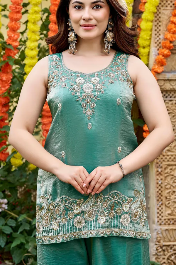Green_Satin_Sleeveless_Bead_Embellished_Kurti_Palazzo_Set_For_Women