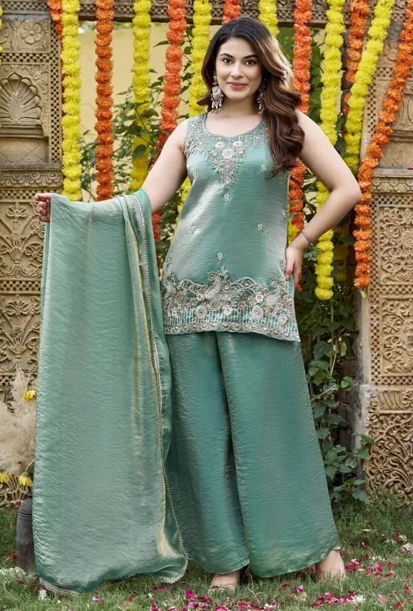 Green_Satin_Sleeveless_Bead_Embellished_Kurti_Palazzo_Set_For_Women