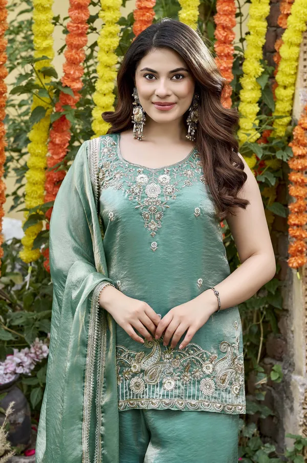Green_Satin_Sleeveless_Bead_Embellished_Kurti_Palazzo_Set_For_Women