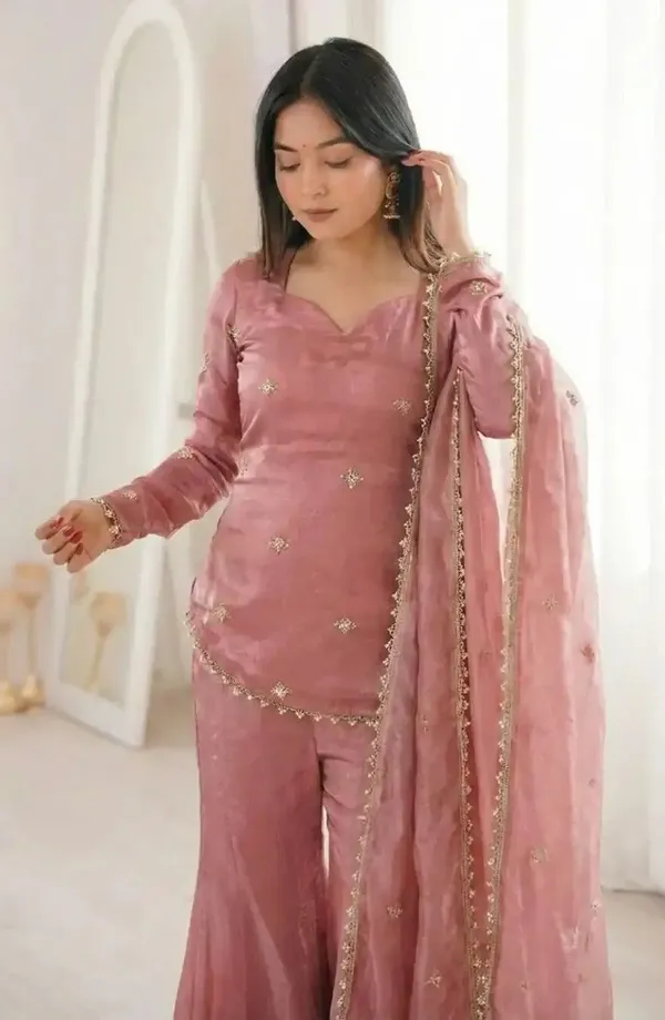 Peach_Art_Silk_Sweetheart_Neck_Embroidered_Kurta_Sharara_Set_For_Women