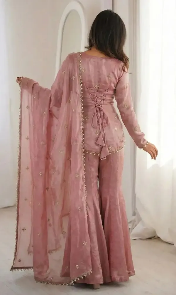 Peach_Art_Silk_Sweetheart_Neck_Embroidered_Kurta_Sharara_Set_For_Women