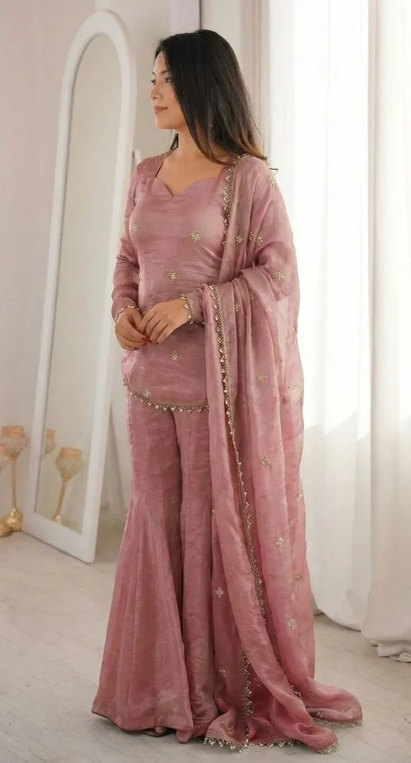 Peach_Art_Silk_Sweetheart_Neck_Embroidered_Kurta_Sharara_Set_For_Women
