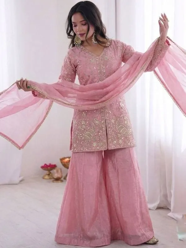 Pink_Satin_Angrakha_Zari_Embroidered_Kurta_Sharara_Set_For_Women