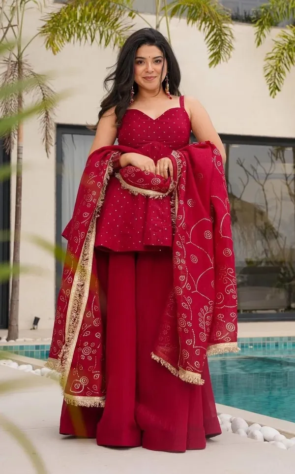 Maroon_Georgette_Sleeveless_Printed_Embroidered_Ethnic_Top_Sharara_Set_For_Women