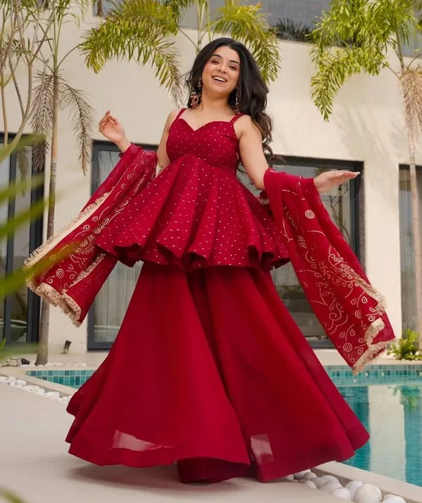 Maroon_Georgette_Sleeveless_Printed_Embroidered_Ethnic_Top_Sharara_Set_For_Women