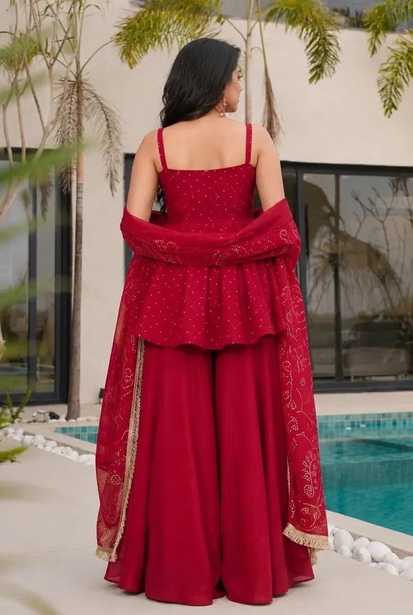 Maroon_Georgette_Sleeveless_Printed_Embroidered_Ethnic_Top_Sharara_Set_For_Women