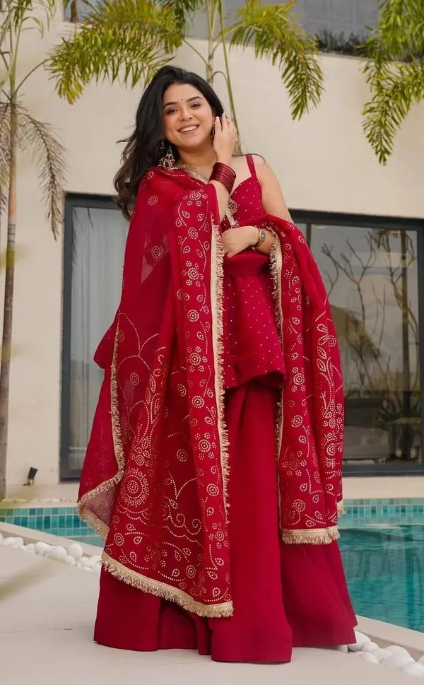 Maroon_Georgette_Sleeveless_Printed_Embroidered_Ethnic_Top_Sharara_Set_For_Women