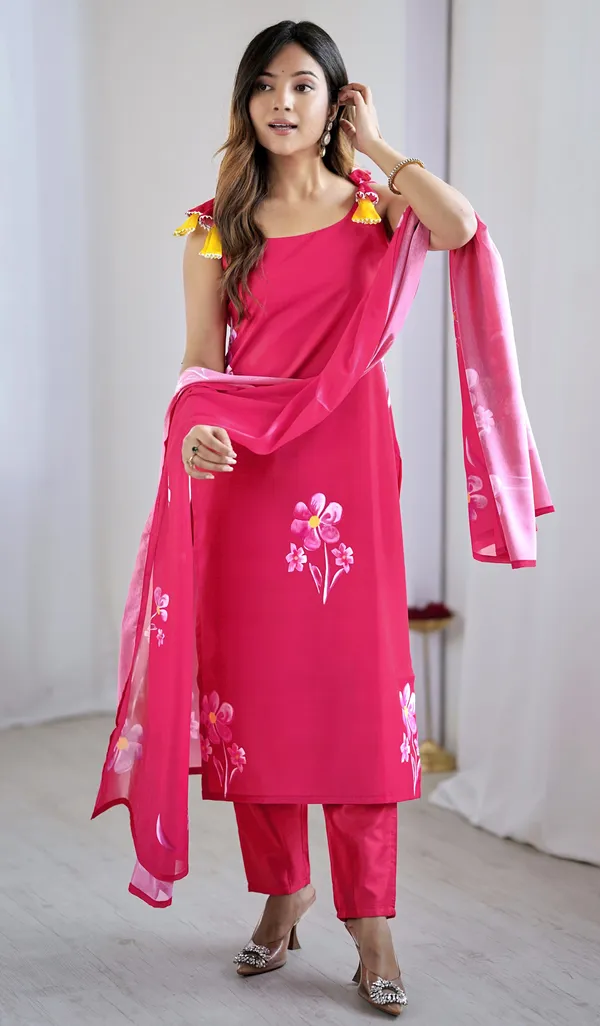 Pink_Viscose_Rayon_Hand-Painted_Floral_Kurta_Set_For_Women
