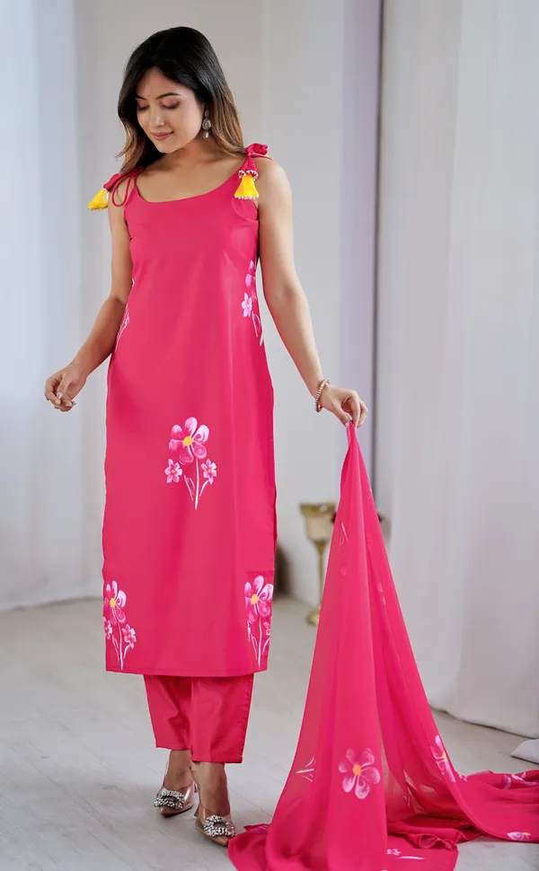 Pink_Viscose_Rayon_Hand-Painted_Floral_Kurta_Set_For_Women