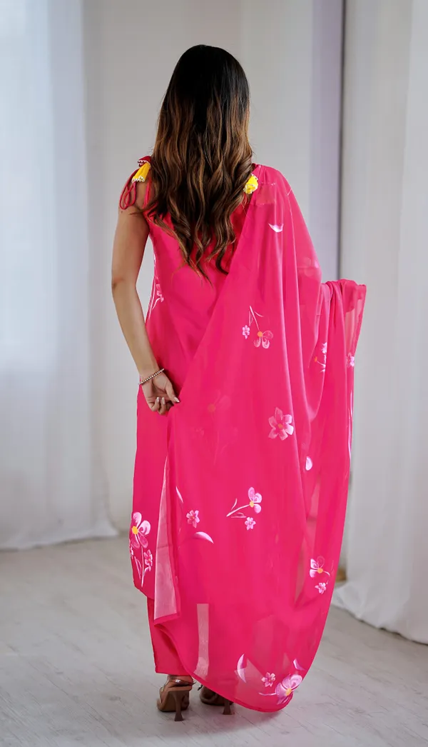 Pink_Viscose_Rayon_Hand-Painted_Floral_Kurta_Set_For_Women