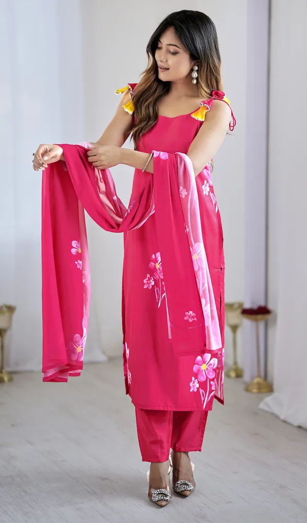 Pink_Viscose_Rayon_Hand-Painted_Floral_Kurta_Set_For_Women