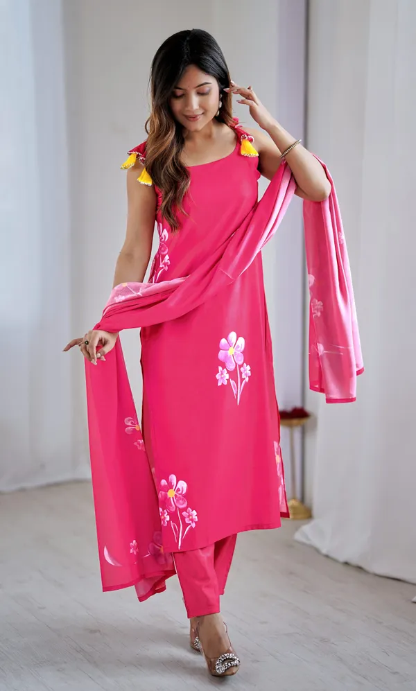Pink_Viscose_Rayon_Hand-Painted_Floral_Kurta_Set_For_Women