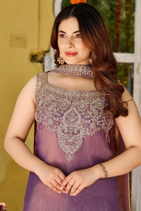 Purple_Satin_Sleeveless_Zari_Embroidered_Kurti_Sharara_Set_For_Women