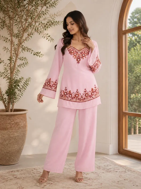 Pink_Georgette_Bell_Sleeve_Embroidered_Co-Ord_Set_For_Women