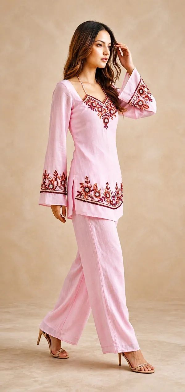 Pink_Georgette_Bell_Sleeve_Embroidered_Co-Ord_Set_For_Women