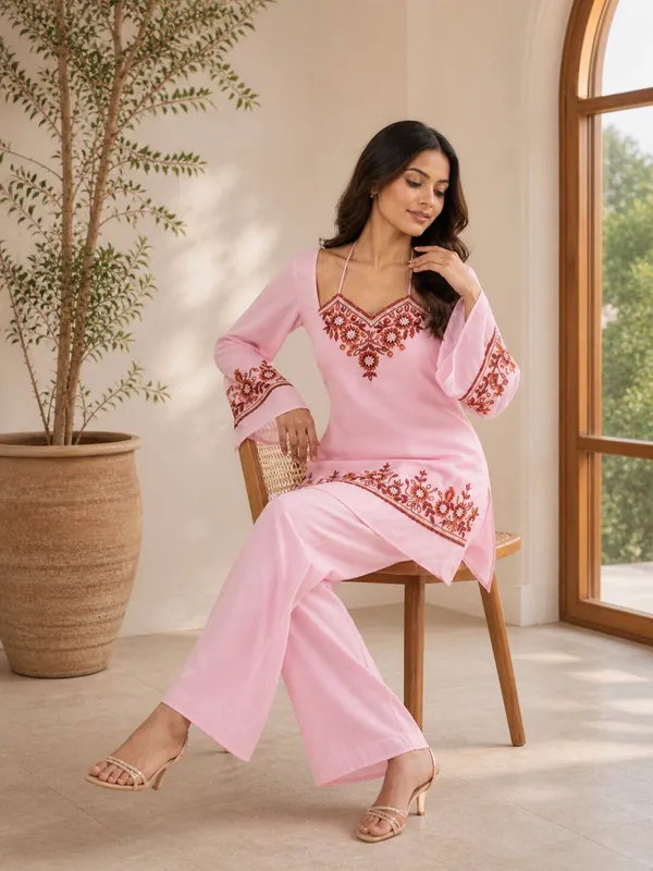Pink_Georgette_Bell_Sleeve_Embroidered_Co-Ord_Set_For_Women