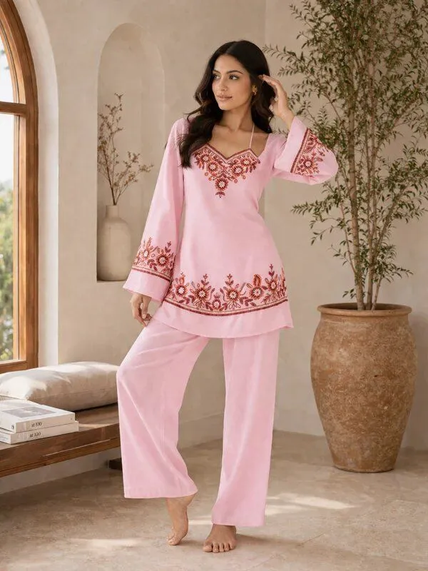Pink_Georgette_Bell_Sleeve_Embroidered_Co-Ord_Set_For_Women