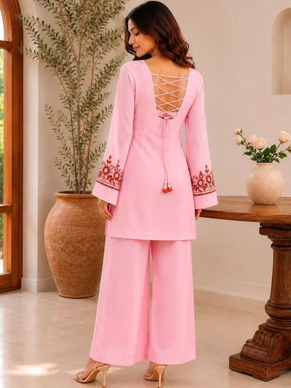 Pink_Georgette_Bell_Sleeve_Embroidered_Co-Ord_Set_For_Women
