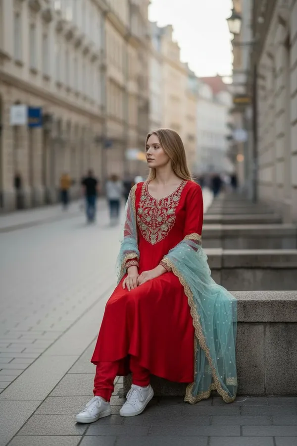Red_Cotton_Blend_Straight_Paisley_Printed_Kurta_Palazzo_Set_For_Women