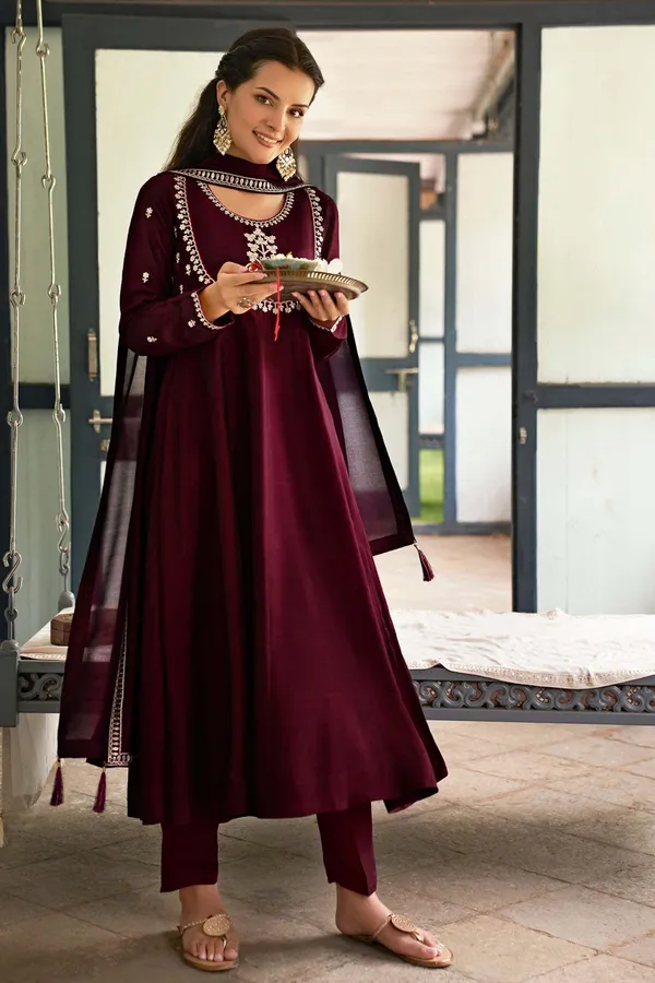 Wine_Art_Silk_Anarkali_Sequin_Embroidered_Kurta_Churidar_Set_For_Women