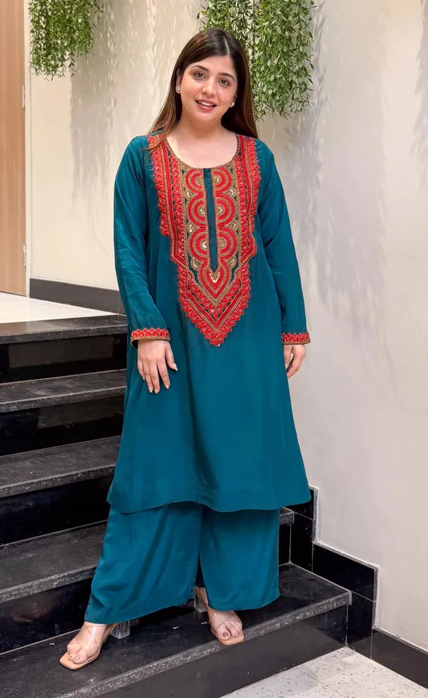 Green_Crepe_A-Line_Mirror_Work_Kurta_Palazzo_Set_For_Women