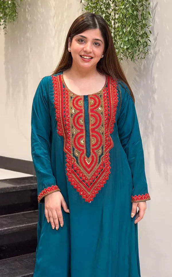 Green_Crepe_A-Line_Mirror_Work_Kurta_Palazzo_Set_For_Women