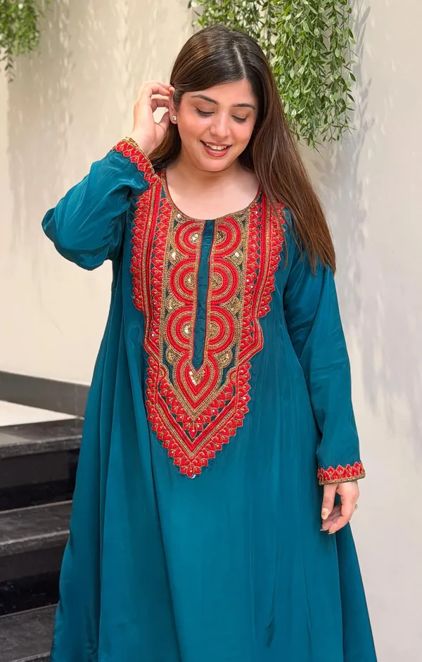 Green_Crepe_A-Line_Mirror_Work_Kurta_Palazzo_Set_For_Women