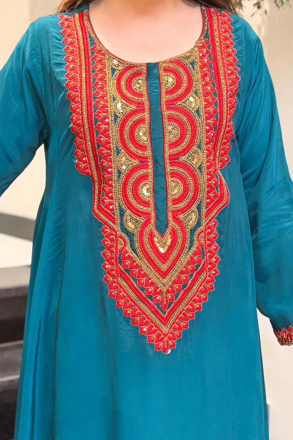 Green_Crepe_A-Line_Mirror_Work_Kurta_Palazzo_Set_For_Women