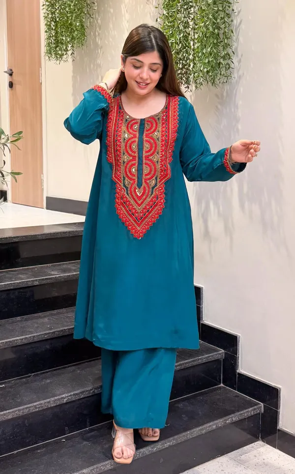 Green_Crepe_A-Line_Mirror_Work_Kurta_Palazzo_Set_For_Women
