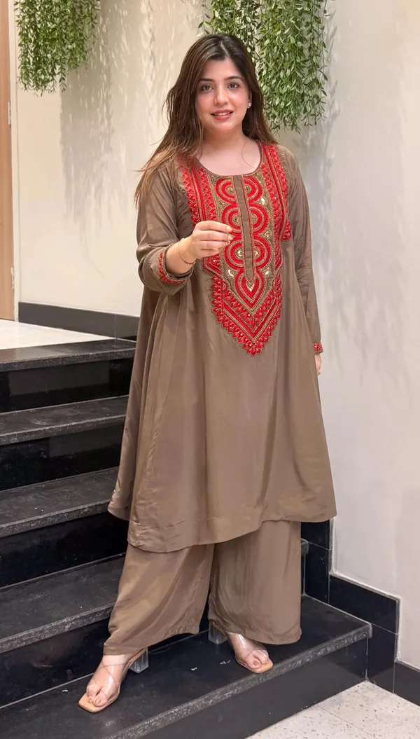 Brown_Crepe_A-Line_Mirror_Work_Kurta_Palazzo_Set_For_Women