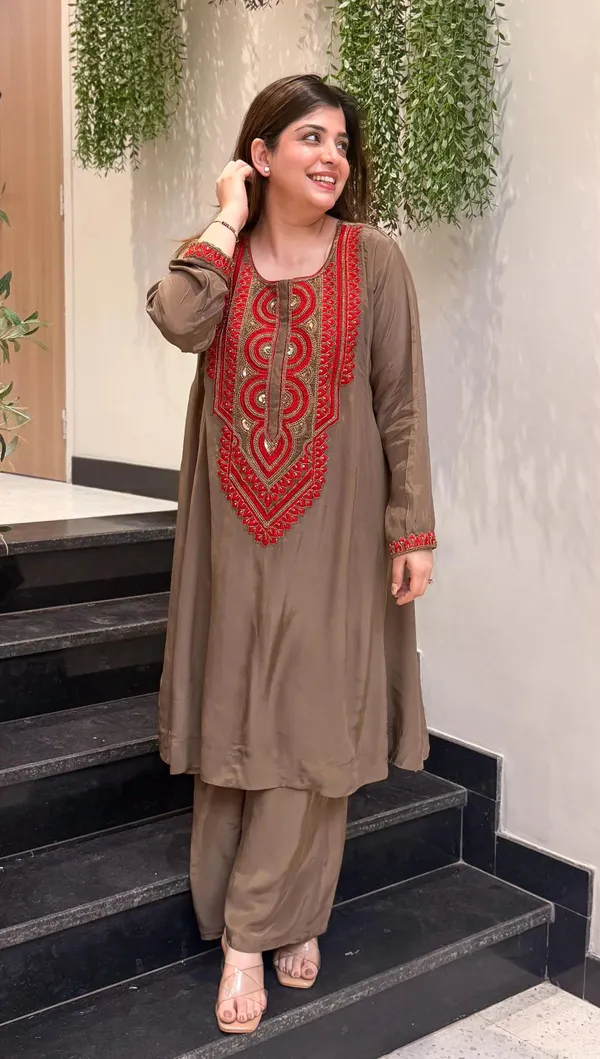 Brown_Crepe_A-Line_Mirror_Work_Kurta_Palazzo_Set_For_Women