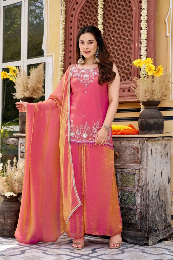 Pink_Satin_Sleeveless_Bead_Embroidered_Kurti_Sharara_Set_For_Women