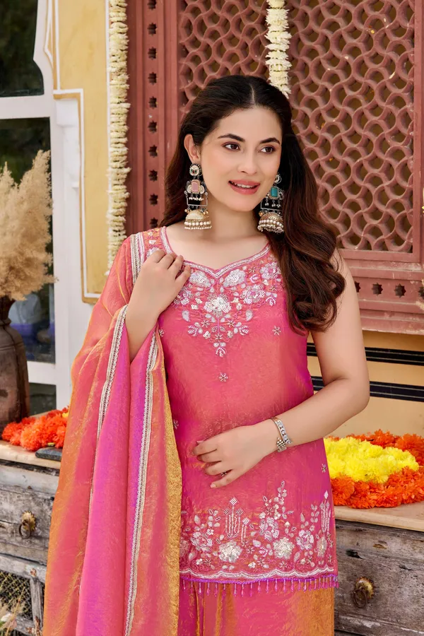 Pink_Satin_Sleeveless_Bead_Embroidered_Kurti_Sharara_Set_For_Women