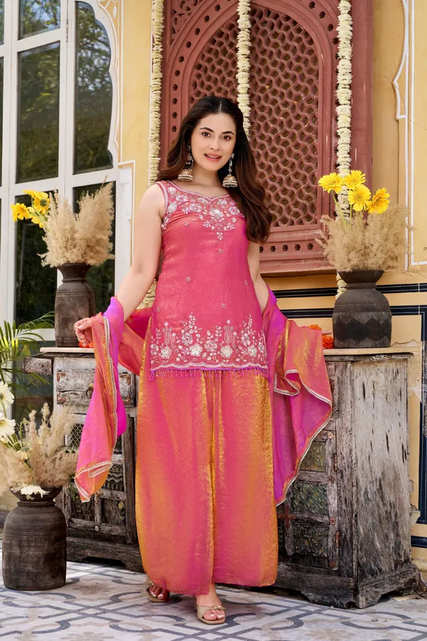 Pink_Satin_Sleeveless_Bead_Embroidered_Kurti_Sharara_Set_For_Women