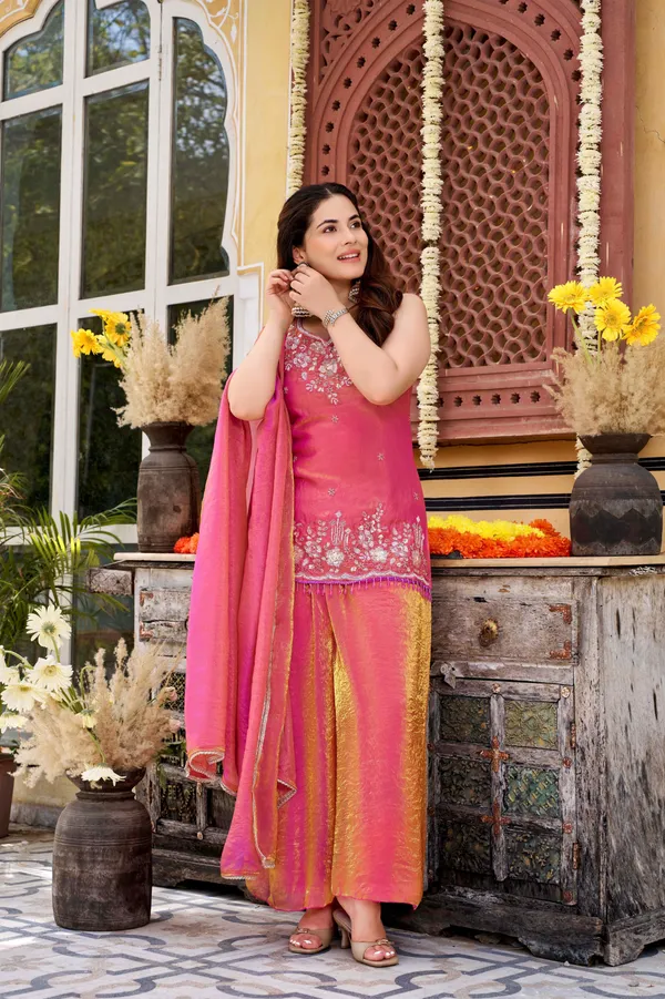 Pink_Satin_Sleeveless_Bead_Embroidered_Kurti_Sharara_Set_For_Women