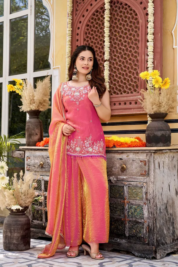 Pink_Satin_Sleeveless_Bead_Embroidered_Kurti_Sharara_Set_For_Women