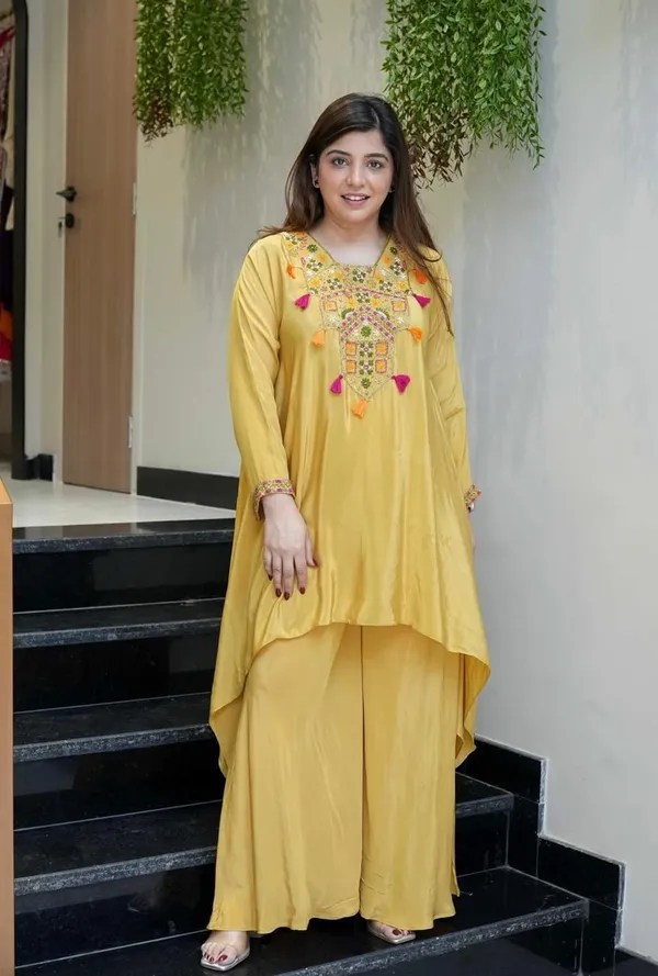 Yellow_French_Crepe_A-Line_Embroidered_Kurta_Set_For_Women