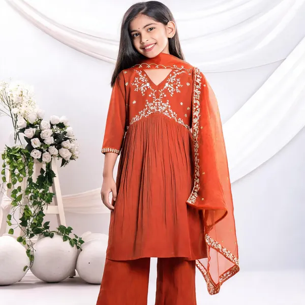 Orange_Rayon_Embroidered_Kurta_Pyjama_Dupatta_Set_For_Girls