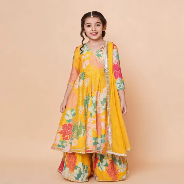Yellow_Chanderi_Floral_Print_Kurta_Sharara_Set_For_Girls