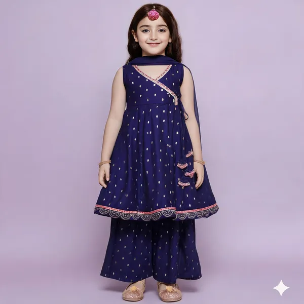 Blue_Chanderi_Silk_Embroidered_Kurta_Palazzo_Set_For_Girls