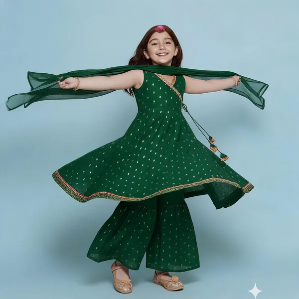 Green_Chanderi_Silk_Embroidered_Kurta_Palazzo_Set_For_Girls