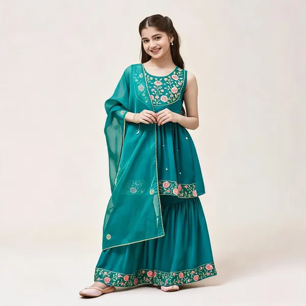 Green_Silk_Blend_Embroidered_Kurta_Dupatta_Set_For_Girls