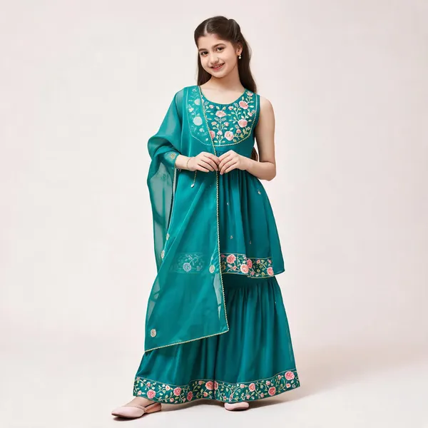 Green_Silk_Blend_Embroidered_Kurta_Dupatta_Set_For_Girls