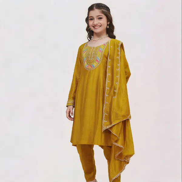 Yellow_Vichitra_Silk_Embroidered_Festive_Kurta_Pyjama_Dupatta_Set_For_Girls