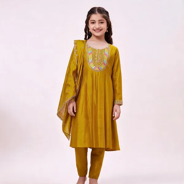 Yellow_Vichitra_Silk_Embroidered_Festive_Kurta_Pyjama_Dupatta_Set_For_Girls